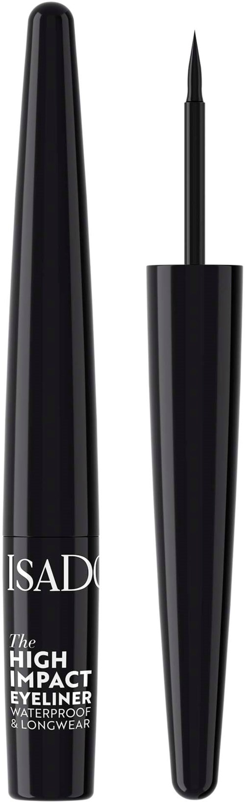 A waterproof, long-wear liquid eyeliner with a thin brush, in a black bottle with white text.