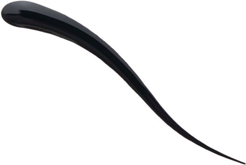 A black hair clip with a curved shape and shiny surface, placed on a white background.