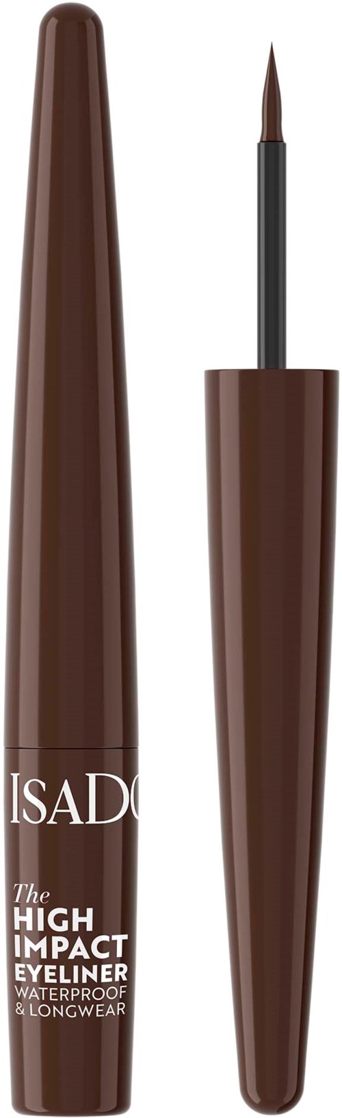 Een bruine waterproof eyeliner-tube met een dunne kwastapplicator. Het label toont productgegevens.