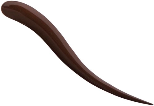 Een bruin, gebogen, langwerpig voorwerp dat op een worm of schepsel lijkt, met een glanzend oppervlak.