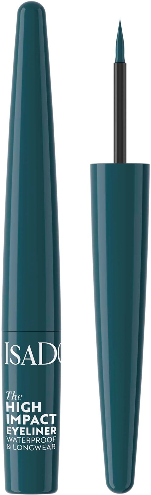 A teal waterproof mascara tube with a long, slim brush inside. The brand name and product details are on the tube.