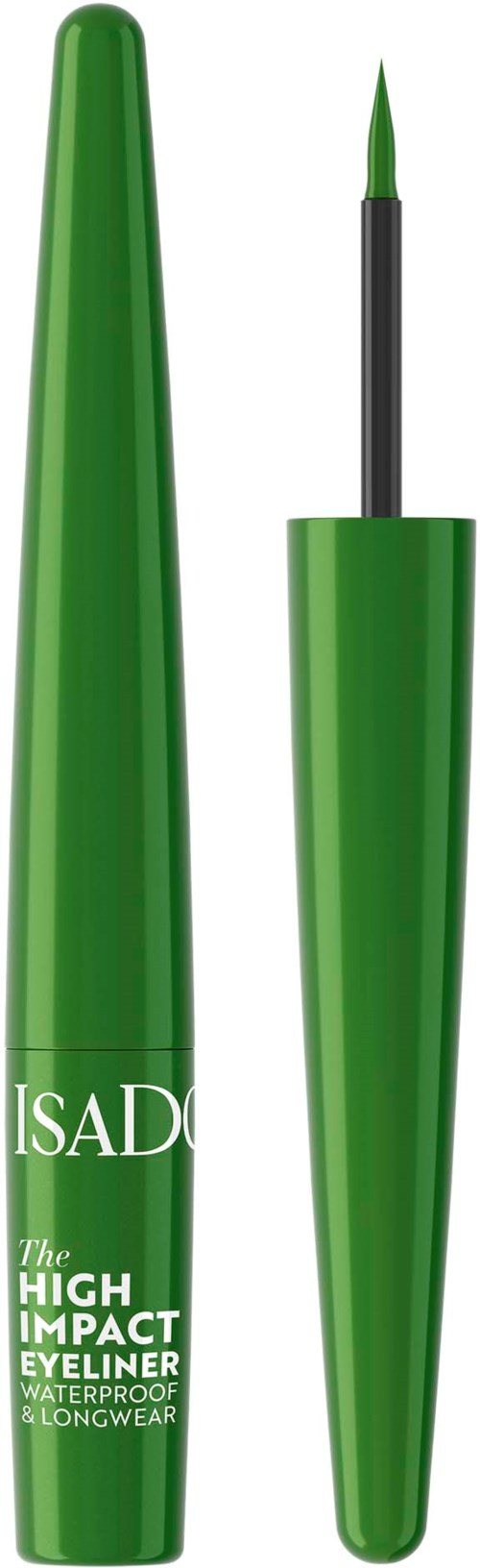 Green waterproof liquid eyeliner with a long, pointed brush inside. The container is tall and slender.
