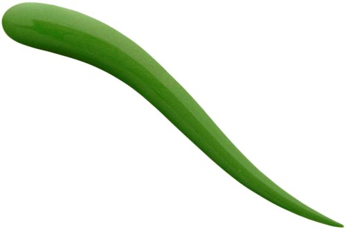 A smooth, bright green chili pepper with a curved shape and shiny skin.