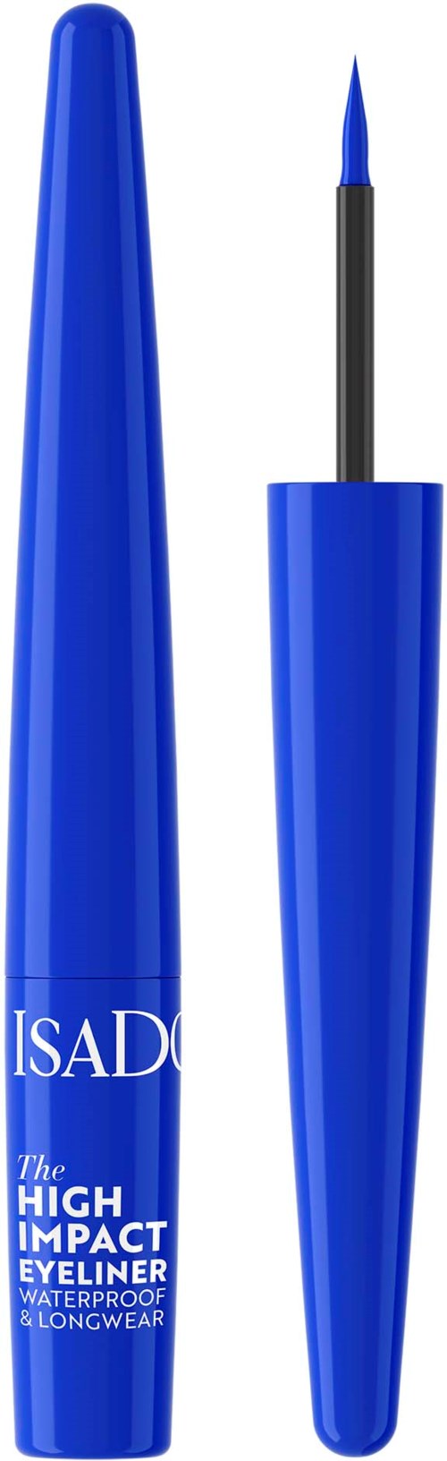 Blue waterproof liquid eyeliner with brush, named ISADQ, for long-lasting use.