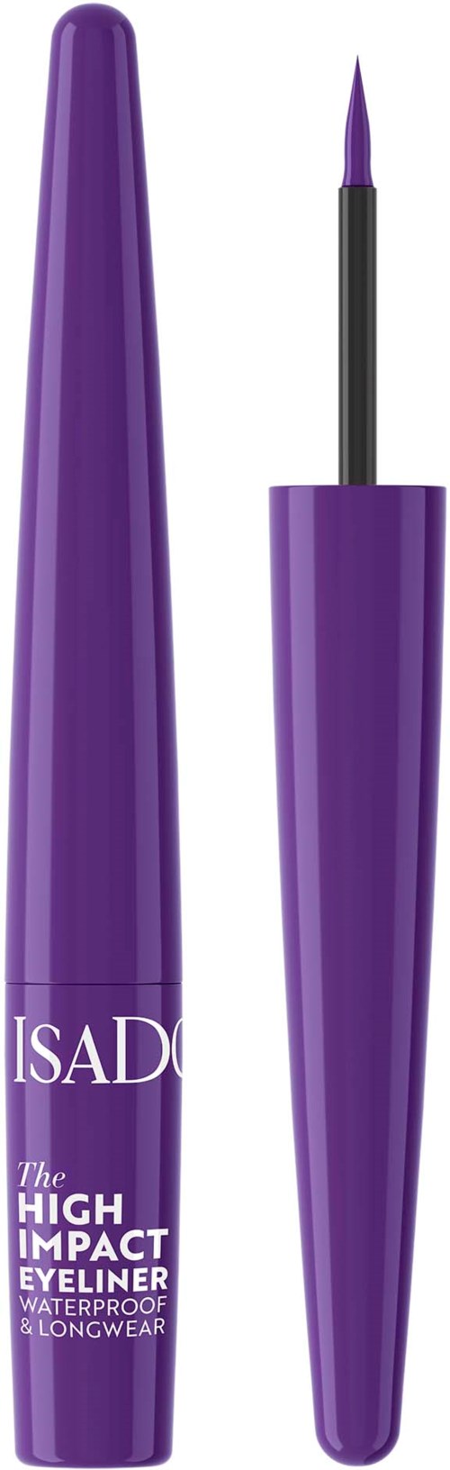 Purple waterproof liquid eyeliner with a long-lasting, high-impact formula and a pointy brush tip.