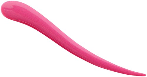 A pink, curved object resembling a shoehorn or a scoop, made of shiny material.