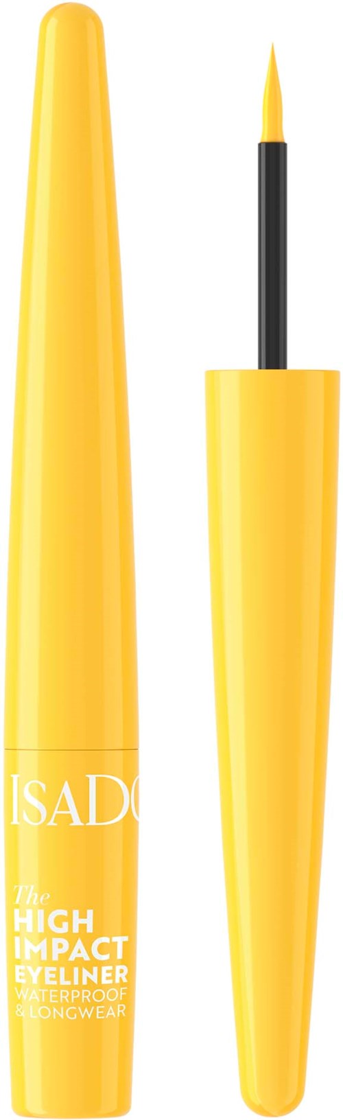 A yellow waterproof liquid eyeliner with a removable cap and a fine brush tip.