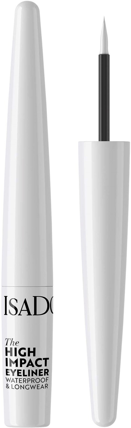 White waterproof eye eyeliner with a long, pointed brush tip and brand name ISAD on the packaging.