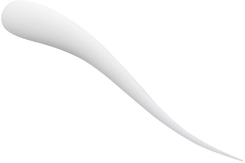 A white, curved object that resembles a spoon or a scoop.