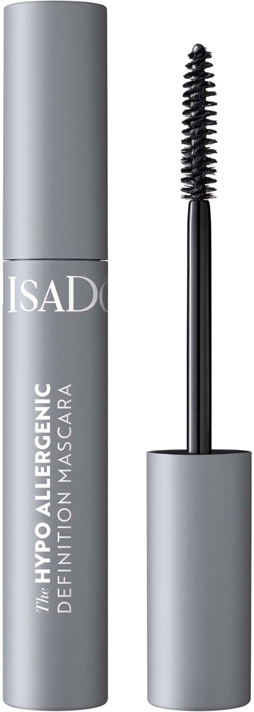 Eine silberne Tube von ISAD hypoallergenic Mascara mit schwarzem Bürstenapplikator.
