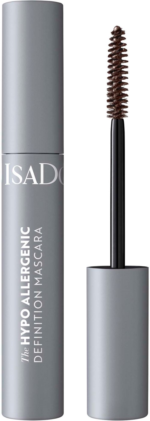 Een grijze mascara-buis met een borsteligapplicator ernaast, gelabeld ISAD. Het product is voor wimpers.