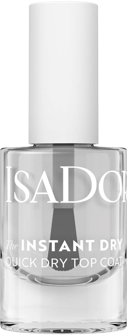 A clear nail polish bottle with white cap, label shows brand ISADORE and product is instant dry top coat.