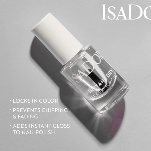 Nail polish bottle labeled Isadore, white cap, helps nail color stay, prevents chipping, adds gloss.