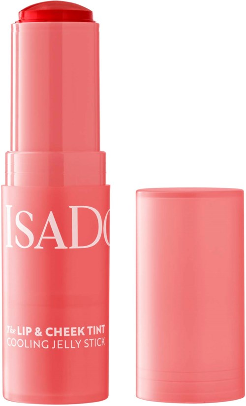 Ein rosa Lippenstift mit einem Deckel daneben, beschriftet "ISAD" und "The Lip & Cheek Tint Cooling Jelly Stick."