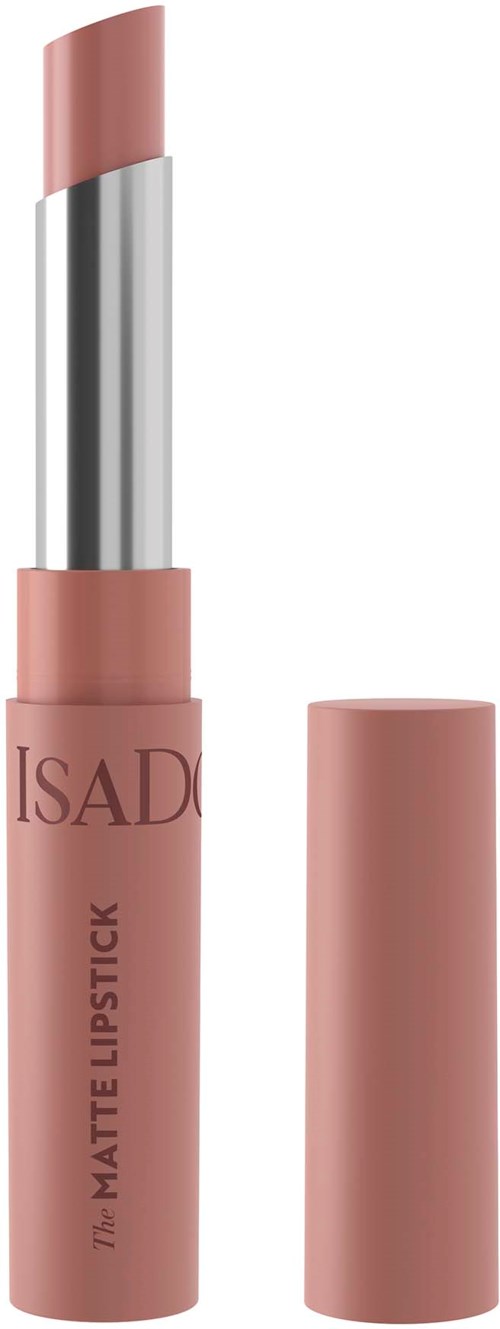 Ein rosa Lippenstift mit entferntem Deckel, der den Lippenstift zeigt. Auf der Hülse steht 'ISAD' und 'matte lipstick'.