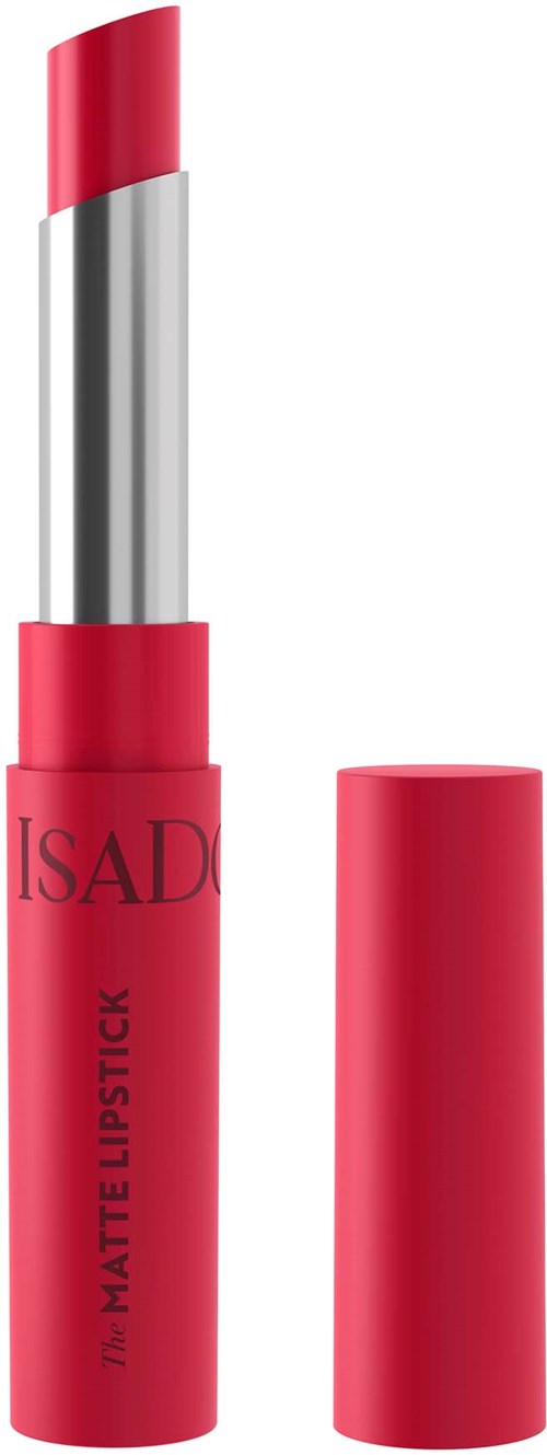Ein roter Lippenstift mit einem silbernen Griff, und der Deckel ist entfernt, zeigt den Lippenstift.