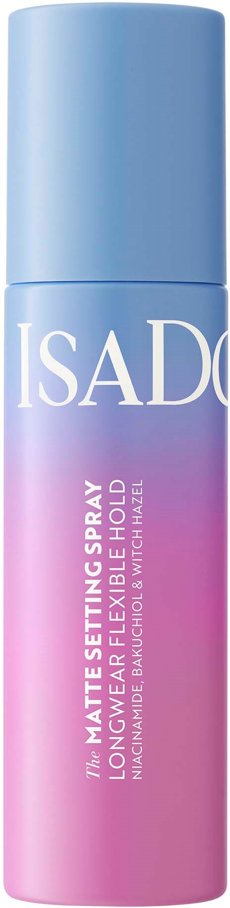 Eine lange Sprühflasche mit Farbverlauf von Pink zu Blau, beschriftet 'ISADORA' und 'Matte setting spray' für Make-up.