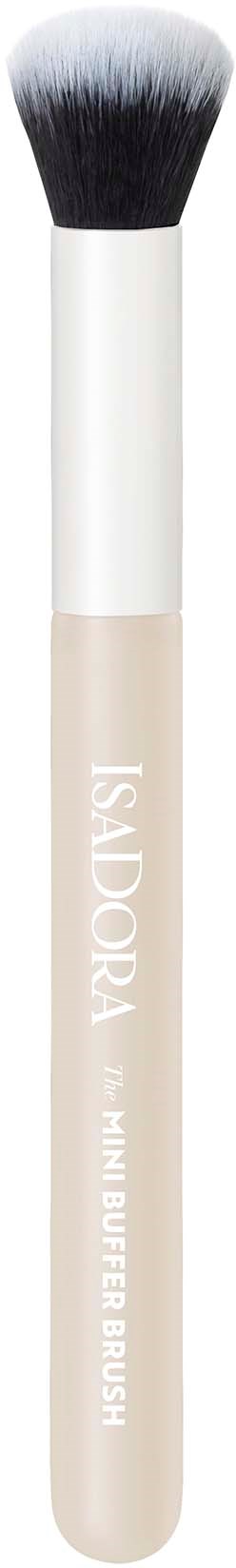 Een make-up kwast met witte en zwarte haren en een witte handvat, gemerkt "ISADORA."