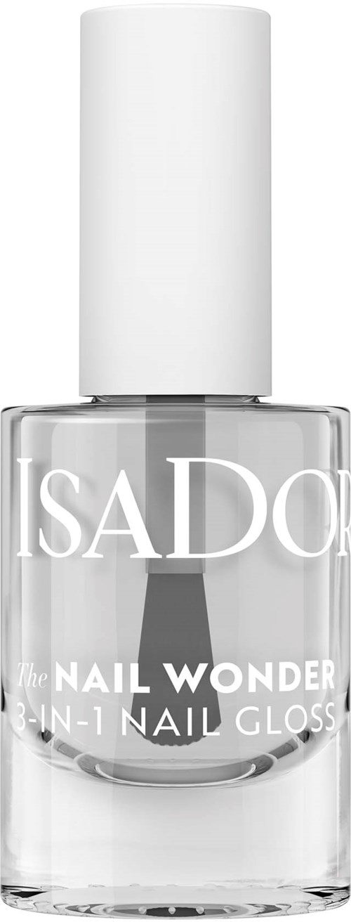 Eine klare Nagellackflasche mit weißem Deckel, beschriftet "ISADORE" und "NAIL WONDER 3-IN-1 NAIL GLOSS."