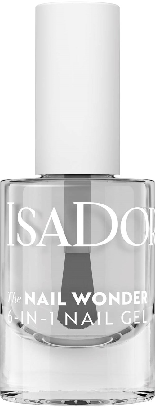 Een doorzichtige glazen fles met wit deksel, gelabeld "ISADORE The Nail Wonder 6-in-1 Nail Gel."