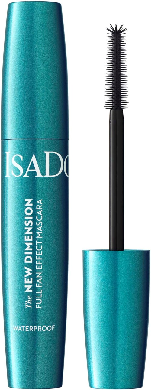 Ein türkiser Wimperntusche mit Applikatorbürste, beschriftet "NEW DIVERSION." Es ist wasserfest und bietet vollen Fan-Effekt.
