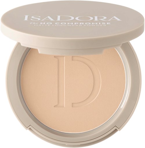 A compact makeup product with a beige powder inside and the brand name 'ISADORA' on the lid.