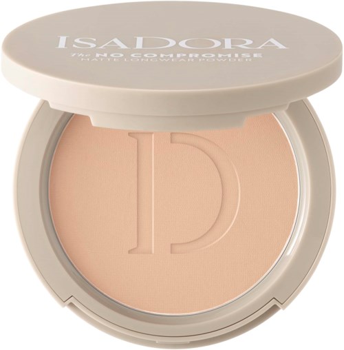 A makeup compact with a large letter 'D' embossed on the powder surface.