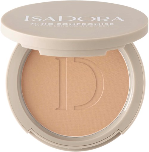 A compact of pressed powder makeup with a white lid and a large embossed letter 'D'.