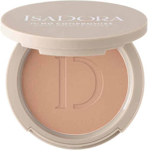 Ein Make-up-Deckel mit beigem Puder und dem Buchstaben D, bedeckt von einem Deckel mit 'ISADORA'.