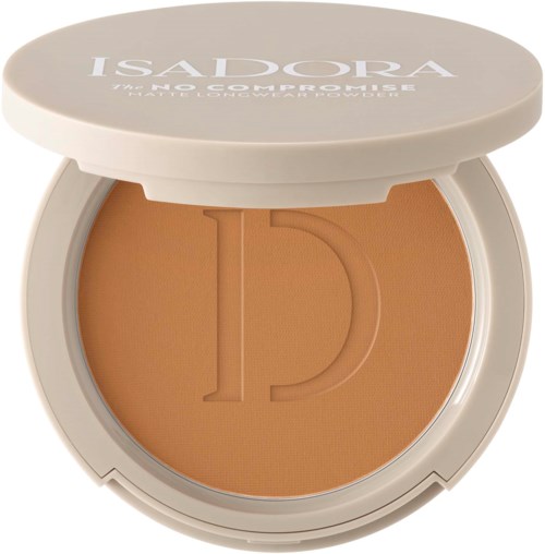 A compact of Isaac Dara face powder with a large 'D' embossed in the center.