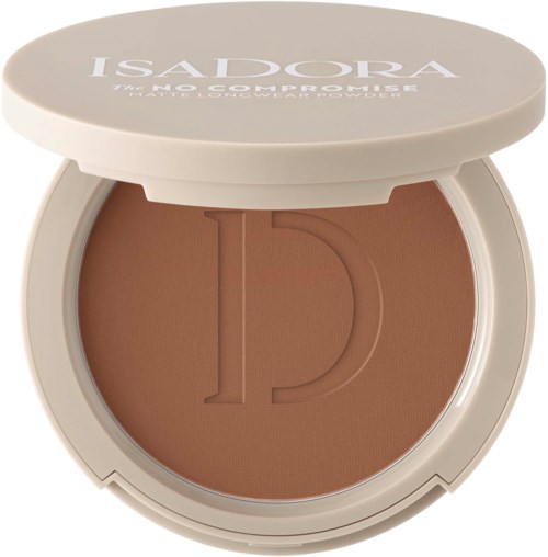 A compact of brown pressed powder with a lid that has the ISADORA brand name on it.