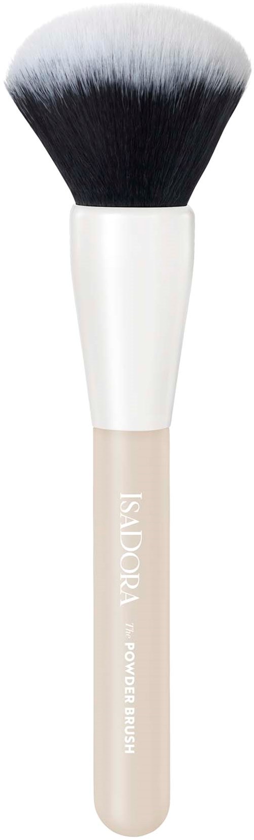 Een make-up kwast met een wit handvat en zwart-witte haren. Het handvat heeft witte tekst.