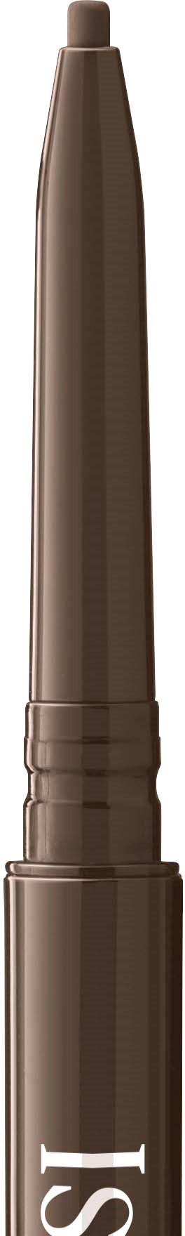 Een bruine make-up potlood met punt en dop onderaan. Het lijkt op een oogpotlood of wenkbrauwpotlood.