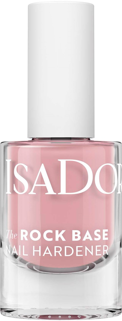 Een roze nagellakfles met witte dop, met label 'SADO Rock Base Nail Hardener'.