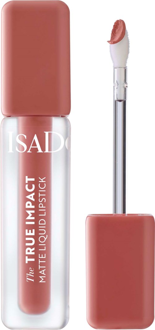 Lippenstiftglas, rosa, mit Applikatorspatel, beschriftet ISAD und True Impact Matte Liquid Lipstick.