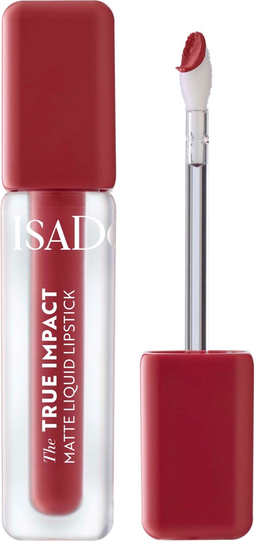 Lippenstift mit rotem Deckel, klarer Flasche und Applikator. Das Label sagt 'ISAD' und 'True Impact Matte Liquid Lipstick.'