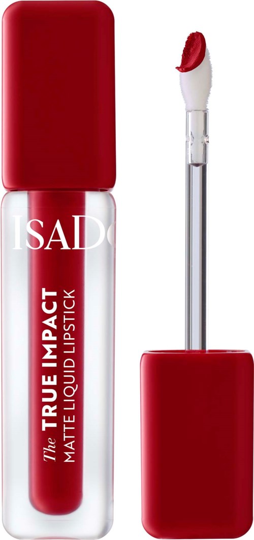 Roter Flüssiglippentift in einer transparenten Flasche mit rotem Deckel und Applikator.