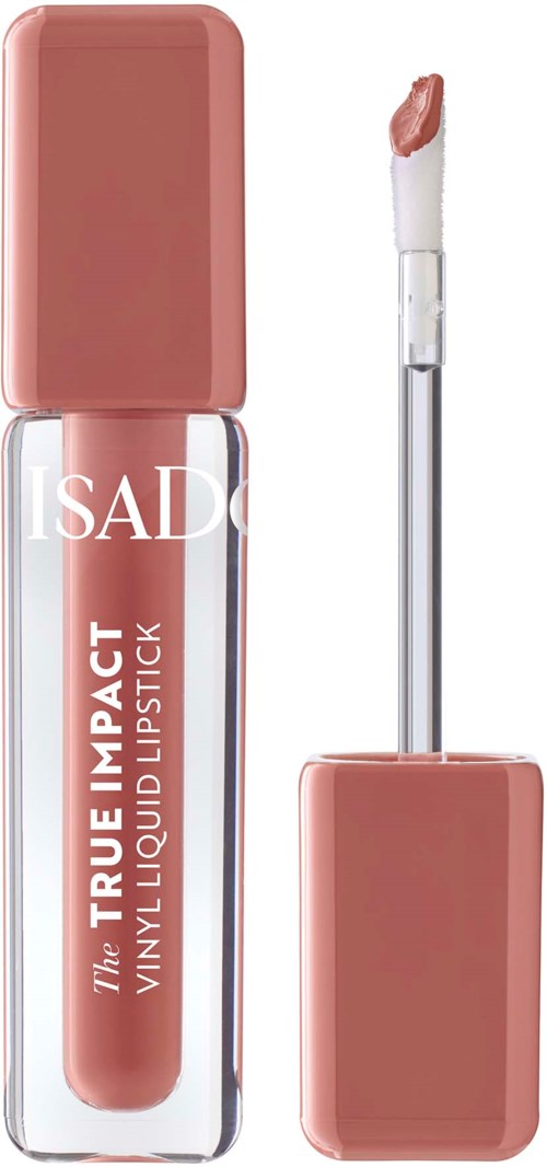 Een lippenstift met doorzichtige body, roze dop en een applicator met een doe-voet. Het merk is ISAD en het zegt True Impact.