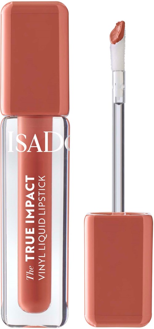 Vloeibare lippenstift met doorzichtige tube, oranje dop en applicator met wat lippenstift.