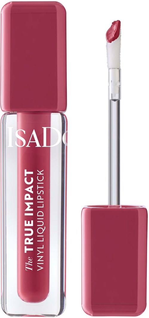 Een roze vloeibare lippenstift met dop en applicator; doorzichtige tube toont de kleur binnen.