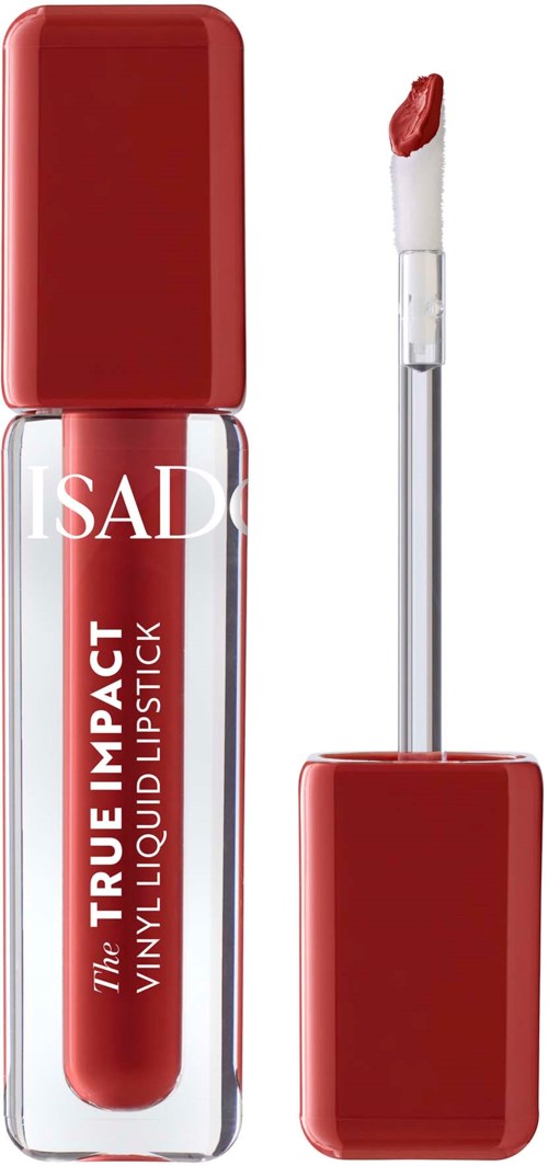 Rood vloeibaar lippenstift in een doorzichtige tube met bijpassend deksel en applicatorspons.