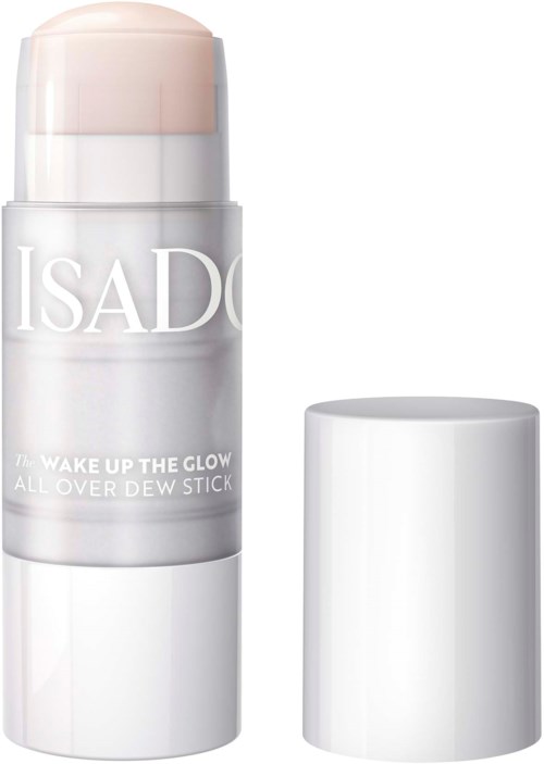 En vit cylindrisk behållare med lock, märkt 'ISAD' och 'Wake Up The Glow All Over Dew Stick.'