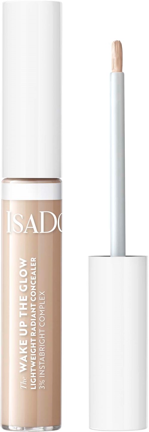 A beige liquid concealer in a clear tube with a white cap and a wand applicator.