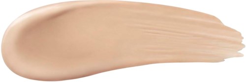 A beige liquid makeup swatch spread out with a brush, showing smooth texture and shiny finish.