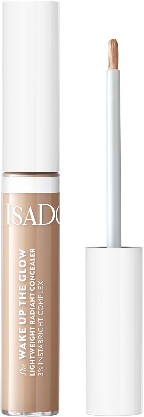 Ein beiger Concealer-Tube mit weißem Deckel und Applikatorspitze. Auf dem Etikett steht 'ISADORA' und Produktdetails.