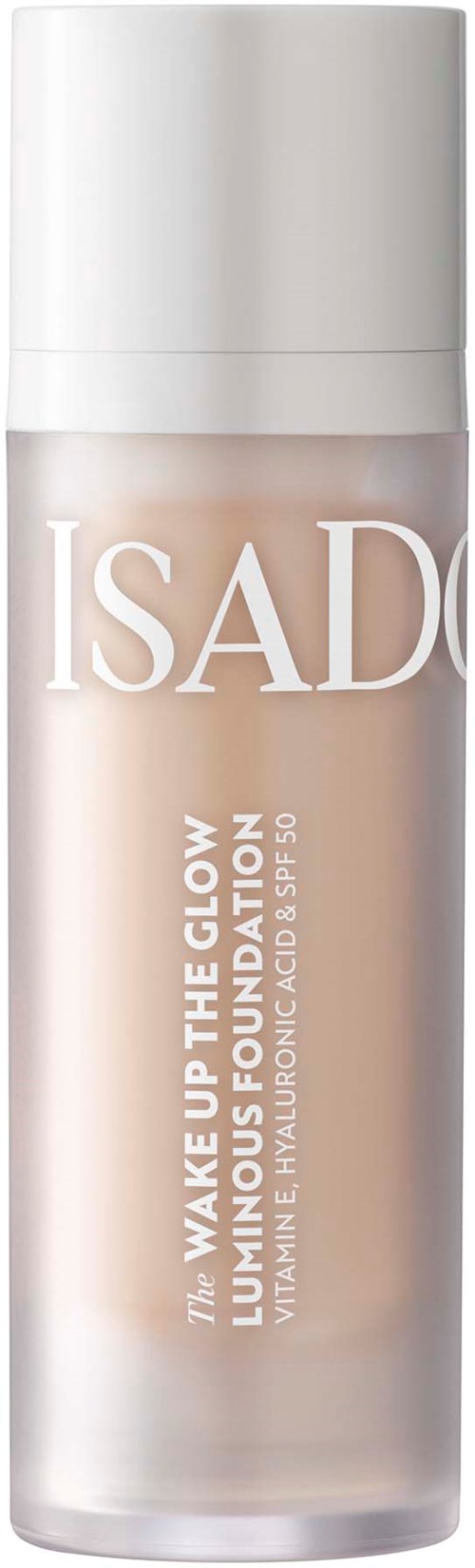 Huidverzorgingsproduct in een doorzichtige fles met een witte dop, genaamd 'ISAD' met 'Wake Up The Glow' opmerking voor een verhelderend effect.