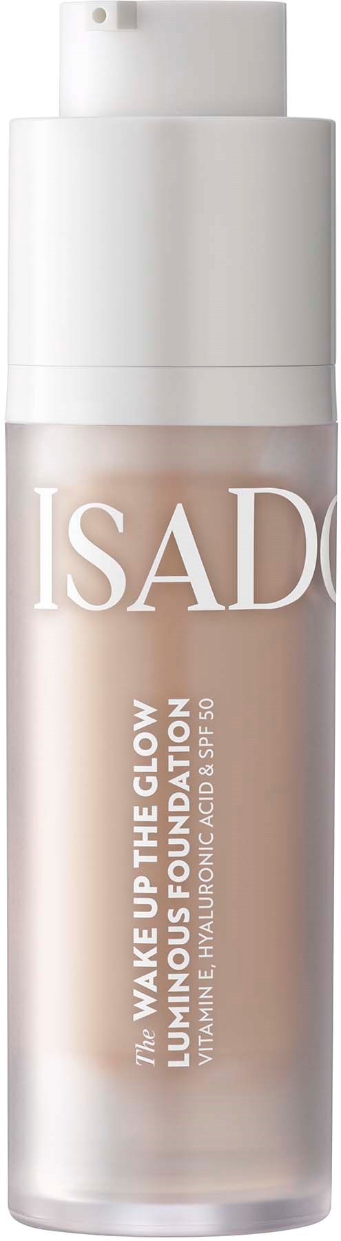 A white bottle with a pump labeled "ISADORA" and "Wake Up The Glow" foundation. Easy to use design.