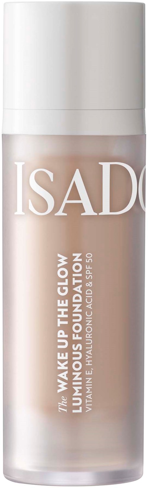 A skincare product bottle labeled 'ISADÓ', with a white cap, focusing on brightening and hydration.