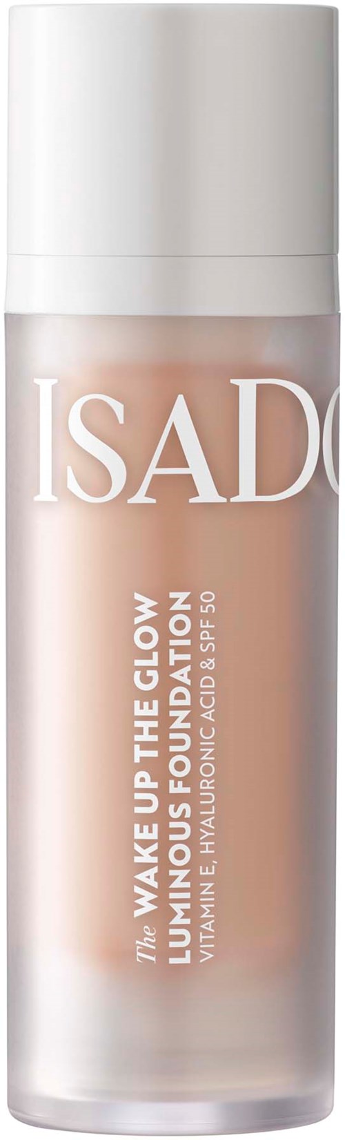 A bottle of Isadora glow foundation with a white cap and light-colored liquid inside.