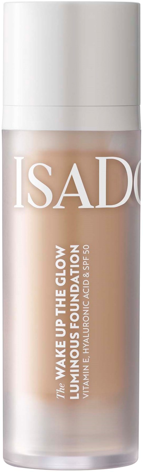A tall white bottle labeled 'ISAD' for skincare, mentioning glow and foundation, with text about vitamins, hyaluronic acid, and SPF.